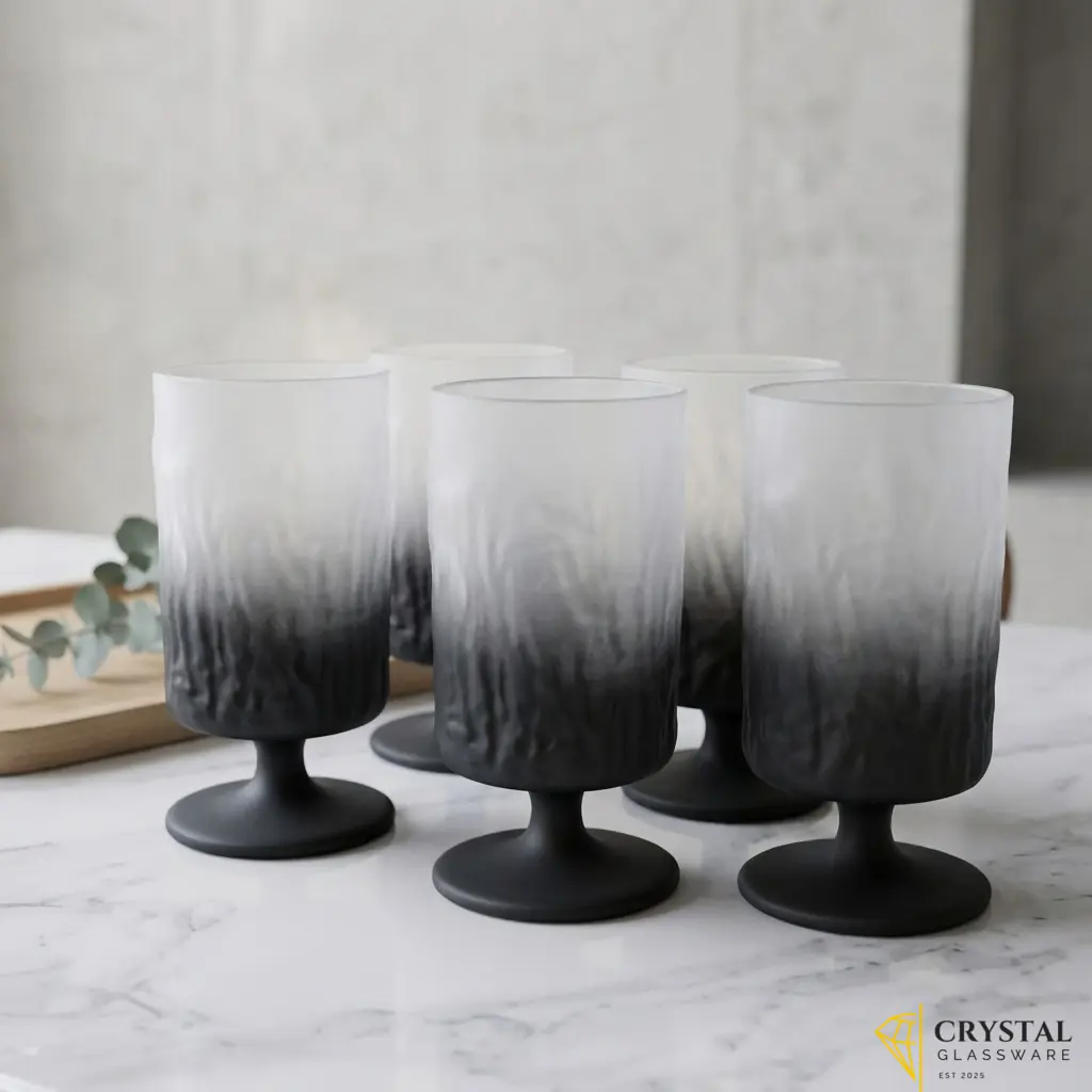 Frosted ombre glass goblets with black base and textured design.
